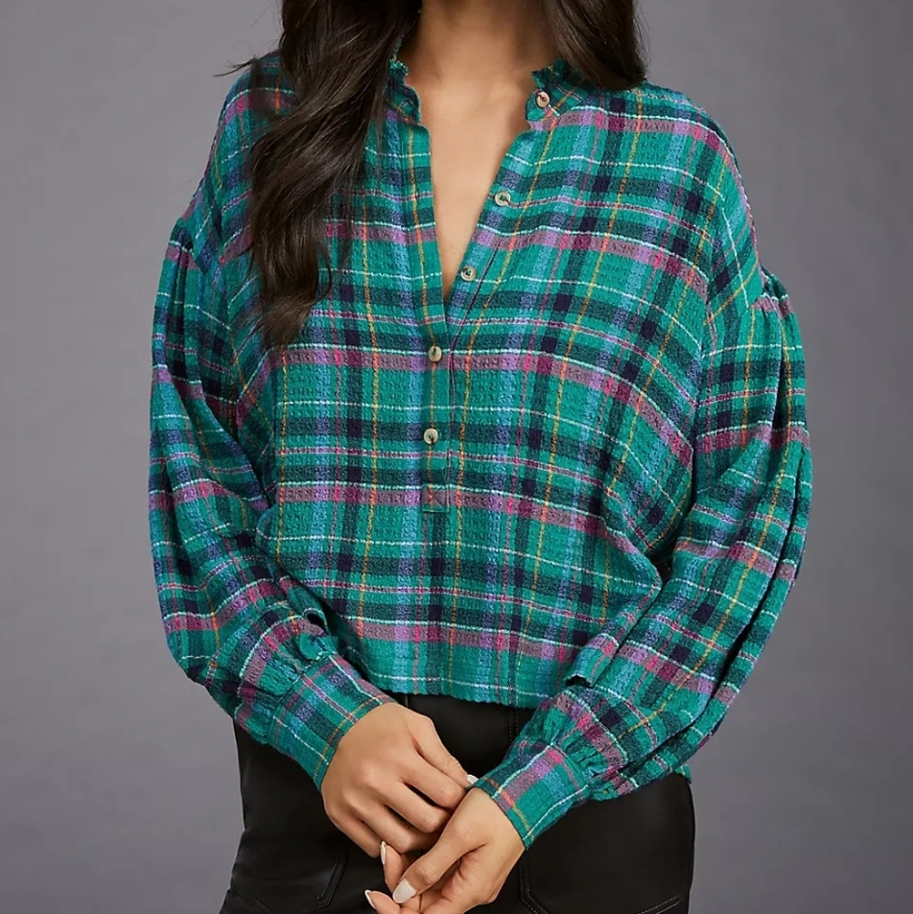 NWOT PILCRO × ANTHROPOLOGIE Plaid Seersucker Cropped Puff Sleeve Shirt Top S - Picture 8 of 10